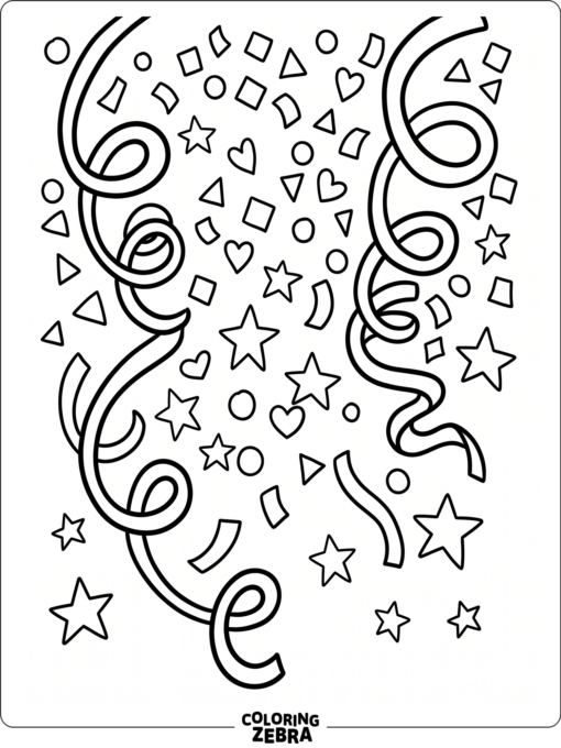 Confetti rain with streamers and scattered stars on a clean background