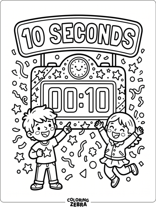 A countdown clock with confetti and a bold ten-second sign