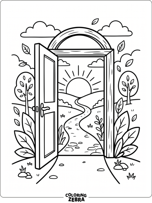 An open door with sunrise and a path ahead