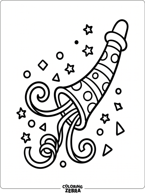 A party horn with ribbon curls and confetti