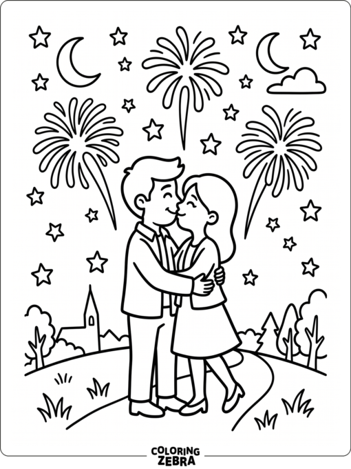 A couple sharing a midnight kiss under fireworks