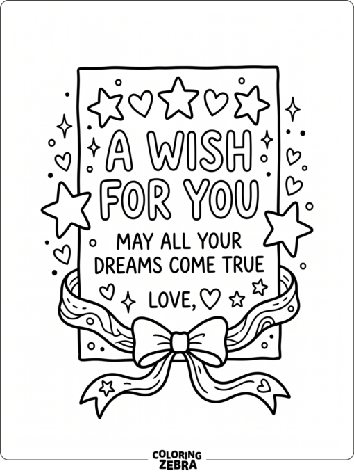 A wish card with stars, hearts, and a ribbon