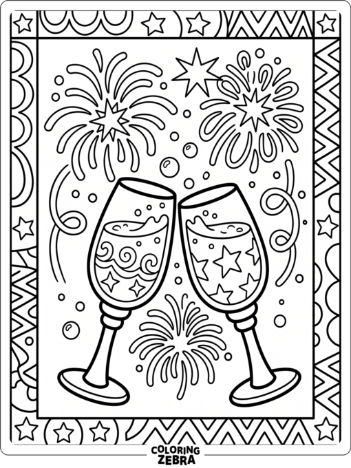 Elegant fireworks and champagne glasses with a decorative border