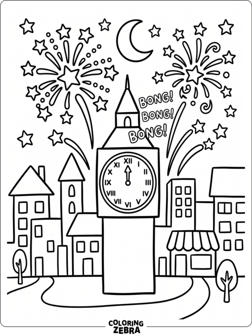 Fireworks burst over a skyline as a clock reaches midnight