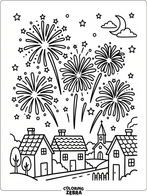 Fireworks bursting above rooftops in an open night sky