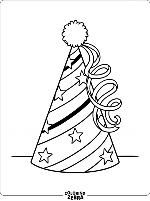 A striped party hat decorated with stars and a curled ribbon