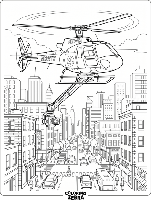 News helicopter over a downtown street scene