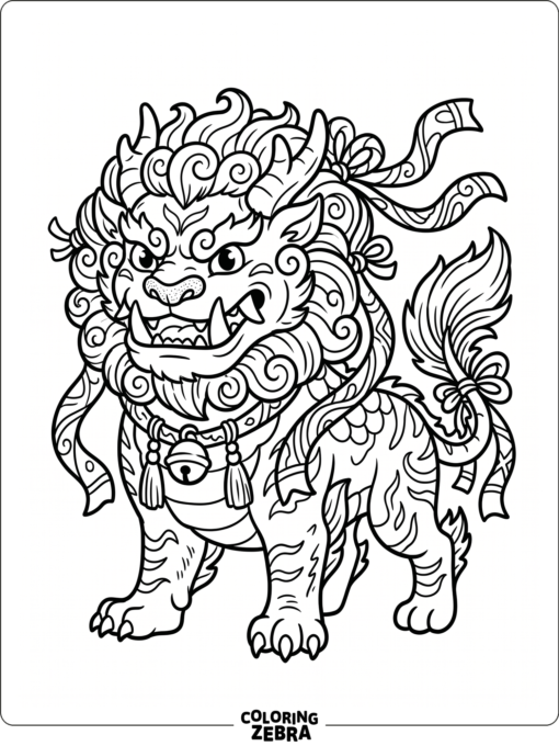 A nian monster with a lion mane and ribbons
