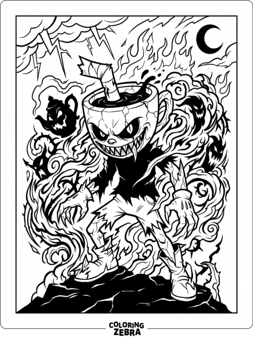 Nightmare Cuphead with dark smoke and bold outlines