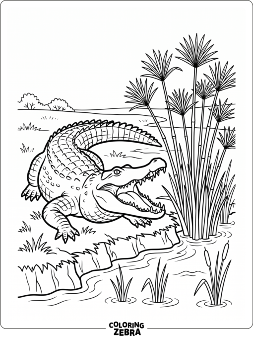 A Nile crocodile with open jaws near papyrus plants