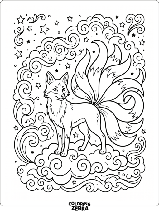 A nine tailed fox surrounded by clouds