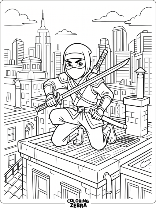 Ninja from Subway Surfers crouching on a rooftop