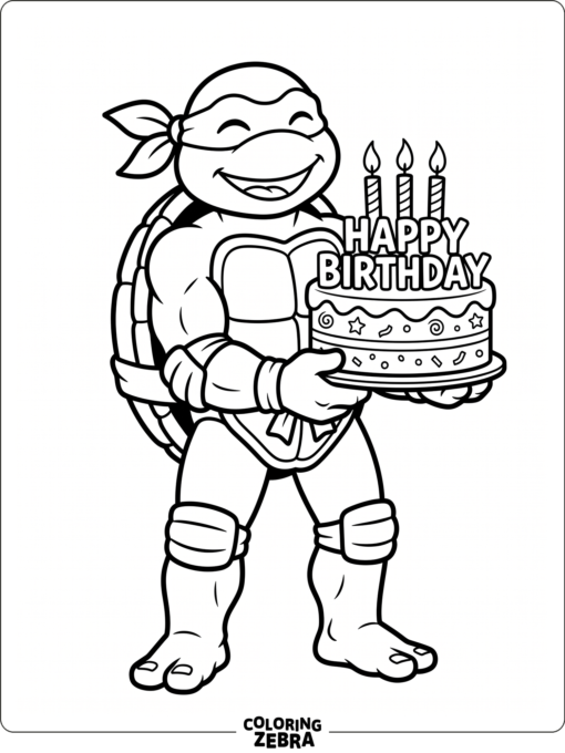 A masked turtle hero holding a birthday cake