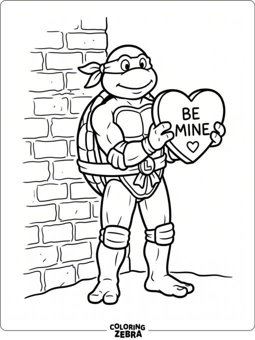 A ninja turtle with a heart candy and simple brick background