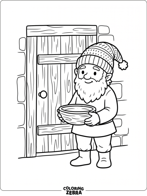 A nisse holding a bowl by a wooden door