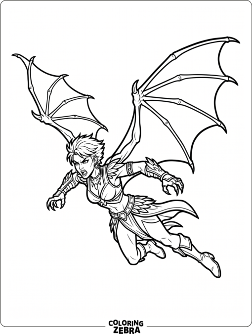 Nitara flying with bat wings and a fierce pose