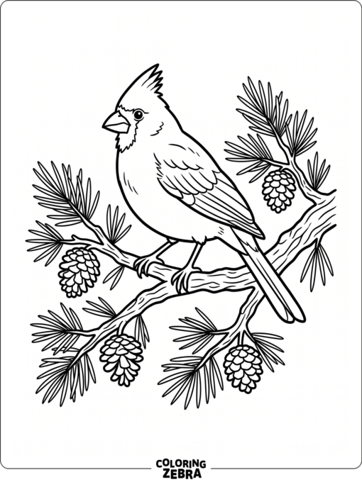 A northern cardinal perched on a pine branch