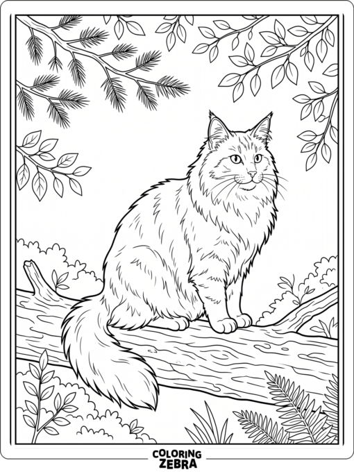 A Norwegian Forest cat perched on a log under branches
