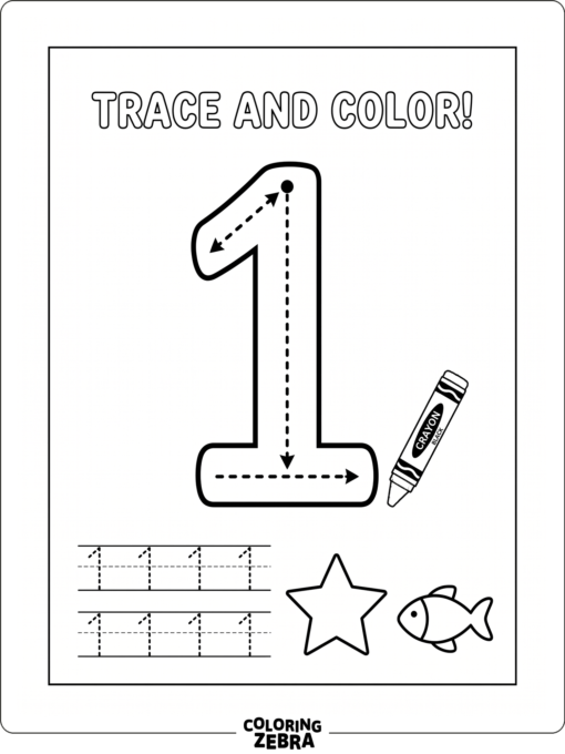 Un número 1 punteado con espacio para calcar y colorear