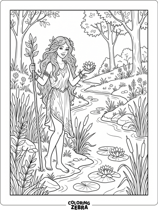A nymph standing beside a stream and lilies