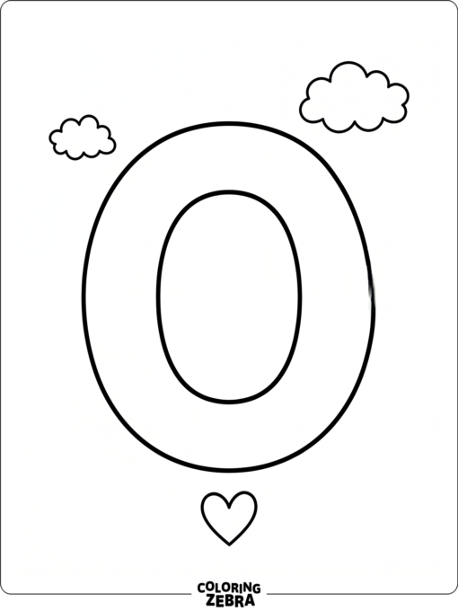 A simple letter O with tiny heart and cloud details
