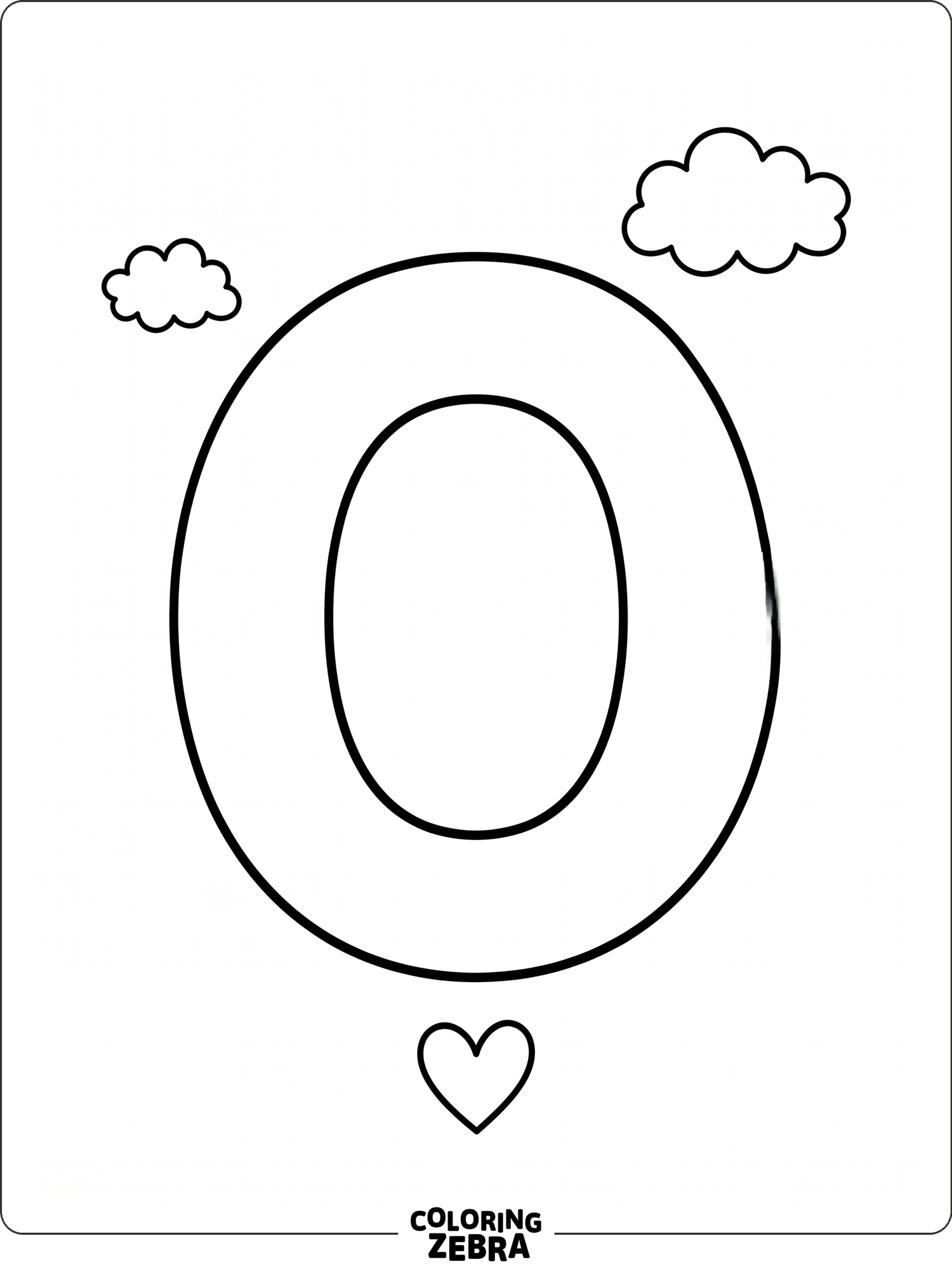 A simple letter O with tiny heart and cloud details