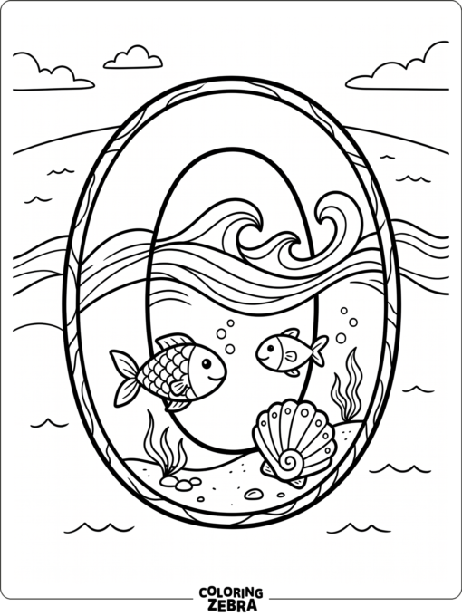 A large letter O with waves, fish, and a shell