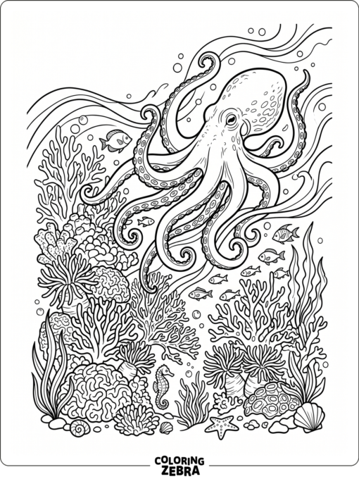 A realistic octopus swimming through coral