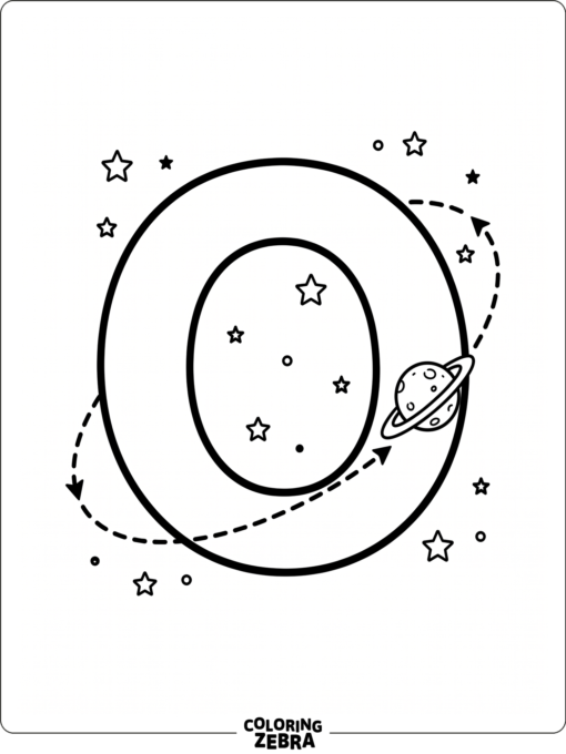 A planet circles a large letter O with tiny stars nearby