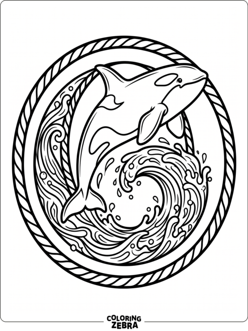 A round orca leaps through a wave beside a large O