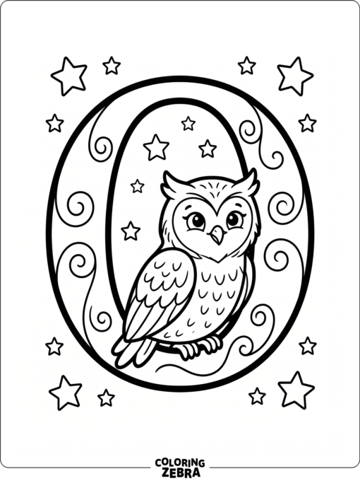 An owl sits on a big letter O with tiny stars around it