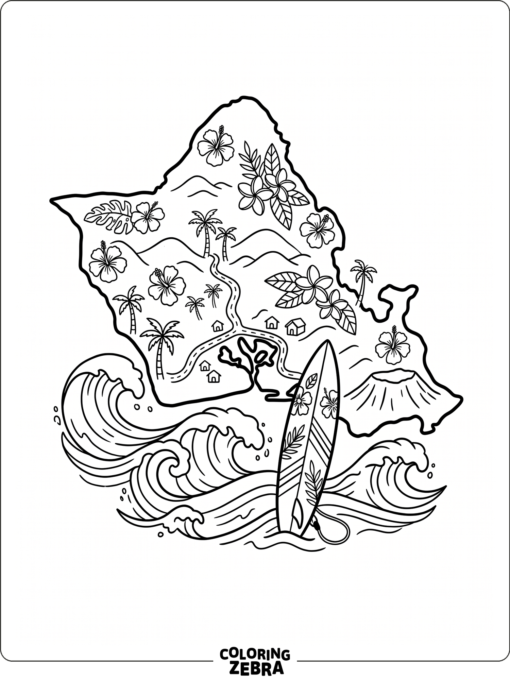 An Oahu island outline with surfboards and flowers