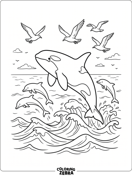 An orca leaping from the ocean with dolphins