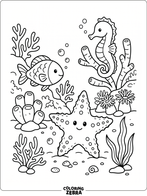 A starfish with a fish, seahorse, and coral reef