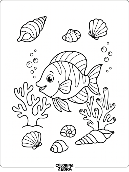 A bright fish among coral and shells