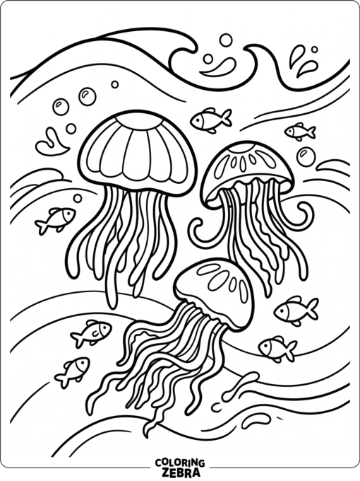 A jellyfish drifting with small fish in the ocean