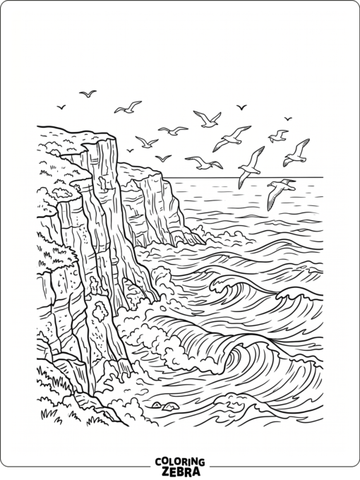 An ocean view with cliffs, waves, and seabirds