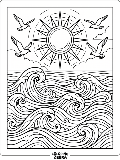 A sunset over the ocean with waves and flying seagulls