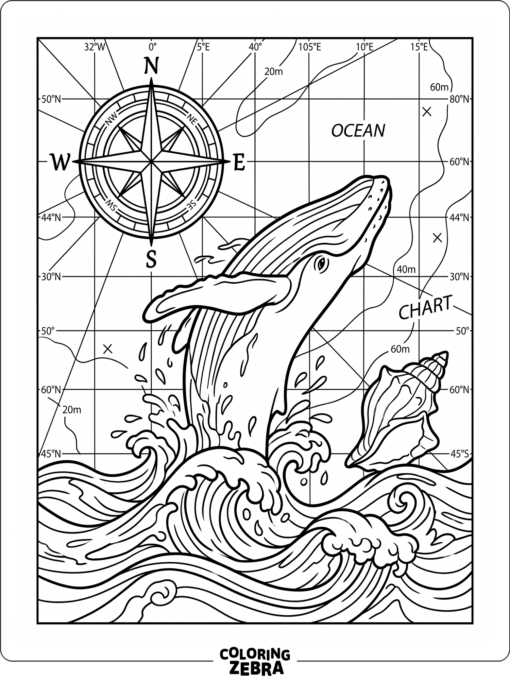Escena oceanográfica sencilla con fauna marina y símbolos de cartas náuticas