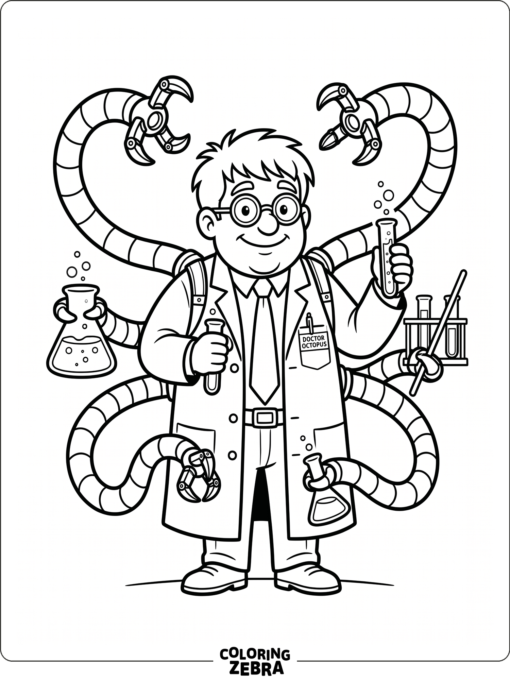A cartoon doctor octopus with a lab coat and test tubes