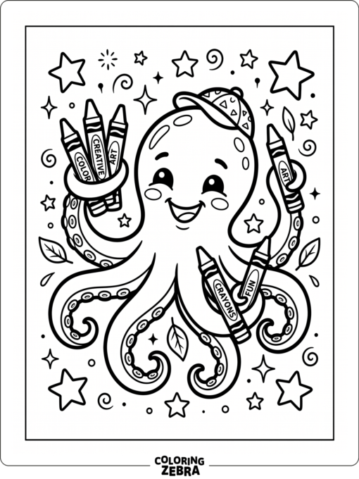 A smiling octopus with stars and crayons nearby