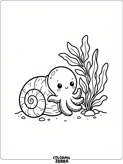A tiny baby octopus beside a shell and kelp