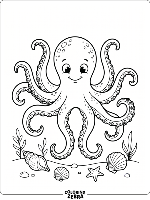 A friendly octopus with spread tentacles and seashells