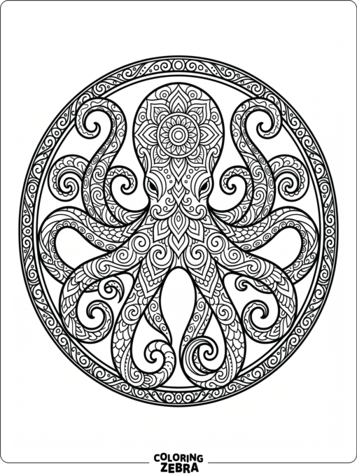 An octopus with mandala patterns inside a circle