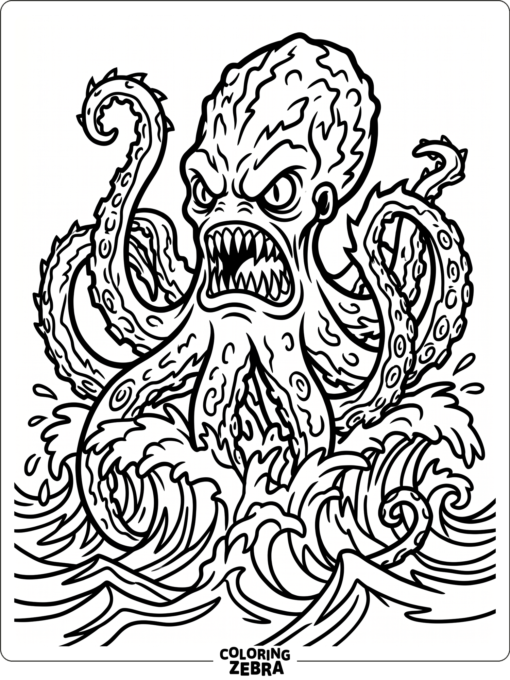 A scary octopus with sharp teeth and jagged tentacles