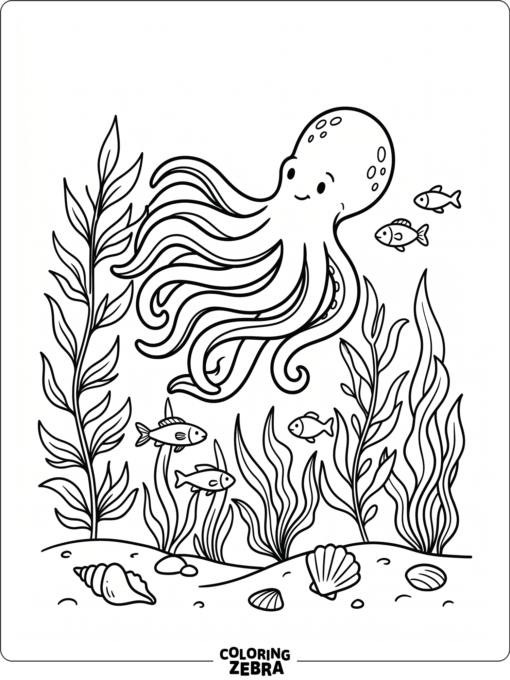An octopus swimming through seaweed with fish and shells