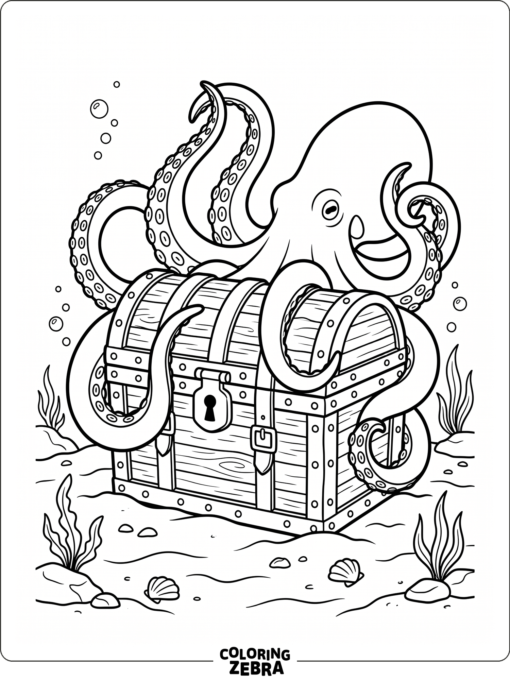 An octopus curling around a treasure chest underwater