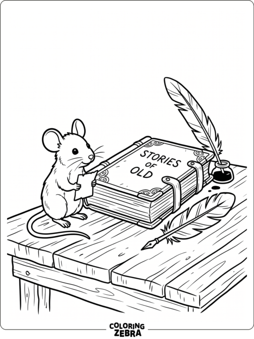 A mouse beside an old book and quill