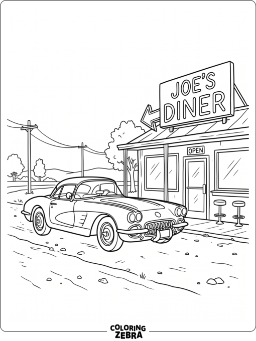 An old Corvette with chrome bumpers near a diner