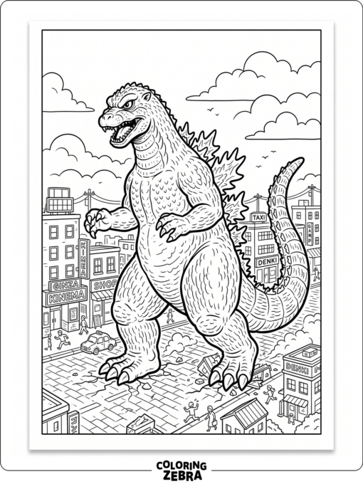 Old school Godzilla stomps past retro buildings